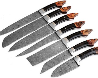 Damascus Chef Knife Set , Damascus 7 Pcs Chef Set With Suede Case , Custom Hand Made Damascus Chef Set , Gift For Beloved One