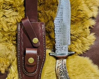 Damascus Bowie Knife, Hand-Forged Ladder Pattern Blade, Stag Handle, Hunting Tool