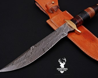 Damascus Hunting Bowie Knife, Custom Hand Made, Engraved Leather Sheath