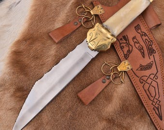Handmade D2 Viking Seax Knife, Brass Shod Leather Scabbard
