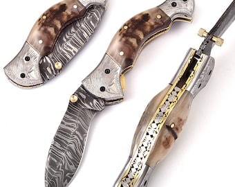 Damascus Folding Knife , Damascus Pocket Knife , Engraved Pocket Knife , Engraved Folding Knife , Kukri Folding Knife , Pouch Included