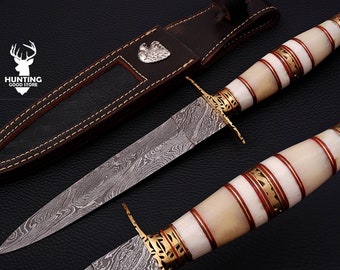 Custom Hand Made Damascus Steel Double Edged Dagger With Engraved Leather Sheath