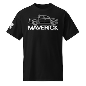 May include: Black t-shirt featuring a white outline of a pickup truck above the word "MAVERICK". The left sleeve displays a white and blue flag design. The design is centered on the front of the shirt.