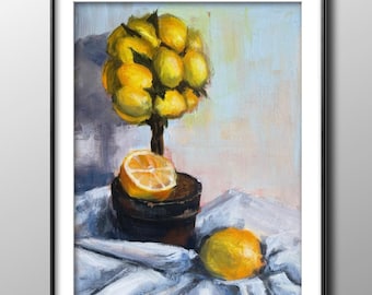 Lemon Tree Still Life Painting, Original Acrylic Food Art