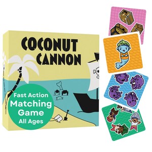 May include: A yellow box with the text "COCONUT CANNON" and "Fast Action Matching Game All Ages". The box features a cartoon illustration of a pirate ship, palm tree, and a treasure chest. The box is surrounded by colorful game cards with various cartoon illustrations.