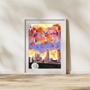 NYC Skyline, Colorful City Poster, NYC Wall Decor, New York City Art Print, Iconic NYC Wall Art, Unframed Print, Abstract City Drawing, Moon