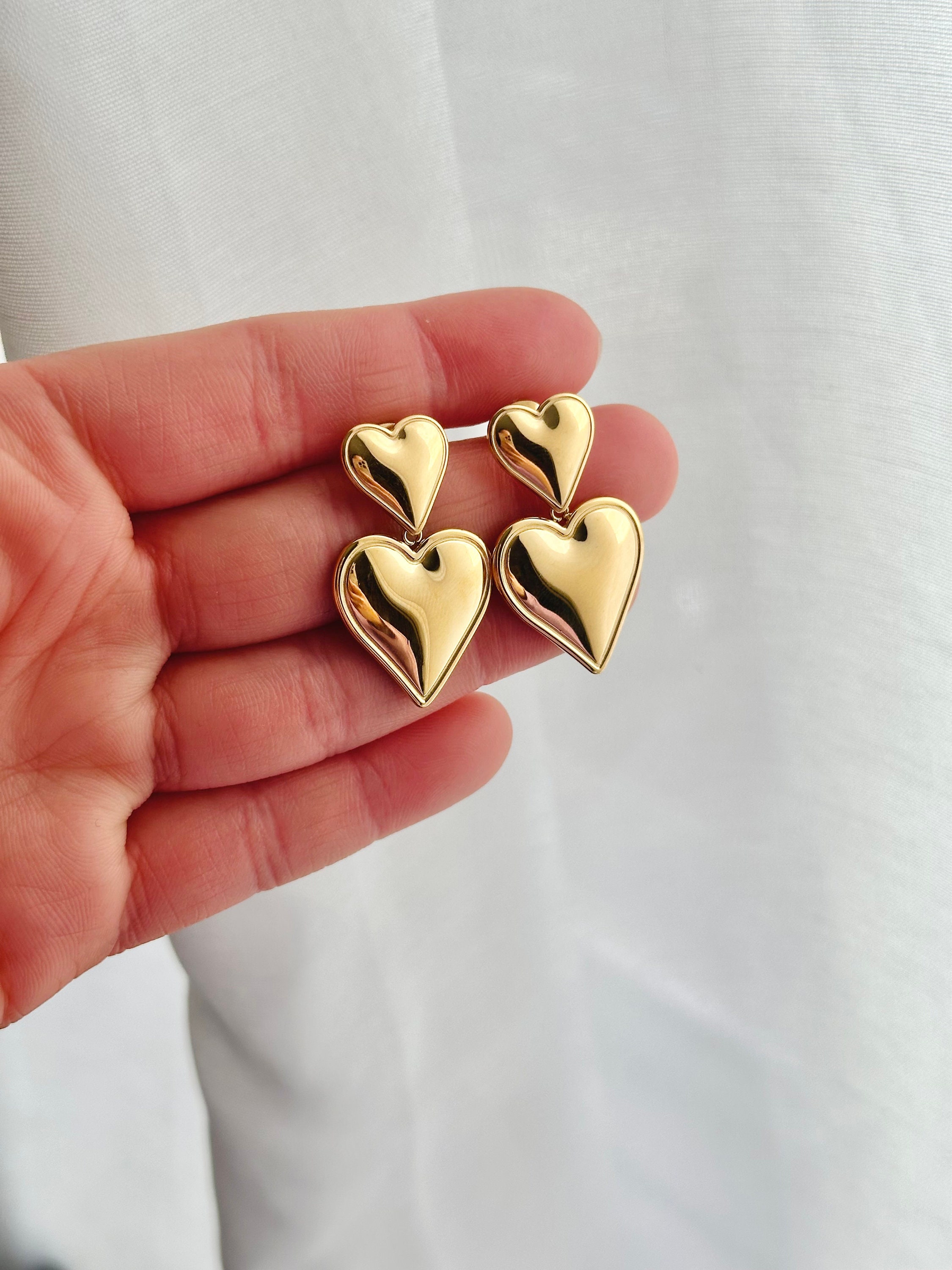 Gold Heart Drop Earrings For Women - Double Heart Dangle Statement Earrings, Lightweight Jewelry Gift