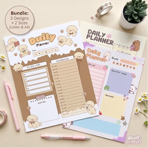 May include: A bundle of three daily planner designs in two sizes, Letter and A4. The planners feature cute cartoon dog and bear illustrations, with sections for to-do lists, schedules, and notes. Includes pink pens and decorative tape.