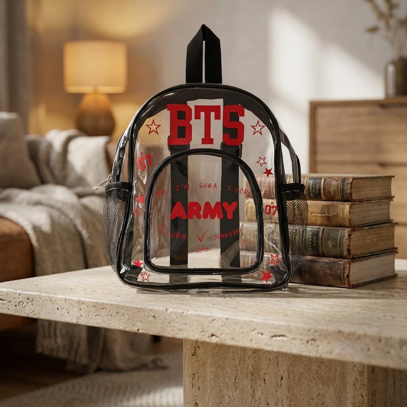 K&ouml;nnte beinhalten: Transparenter Rucksack mit schwarzem Rand und schwarzem Griff. Der Rucksack tr&auml;gt den roten Schriftzug "BTS" sowie das Wort "ARMY" und andere Texte und Sterngrafiken. Der Rucksack hat ein gestreiftes Design.