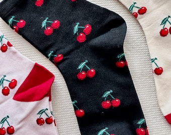 Calcetines de cereza, calcetines de frutas con la comida favorita, calcetines alegres, divertidos y elegantes, calcetines novedosos, calcetines con bonitos estampados de cerezas, calcetines con estampados de moda
