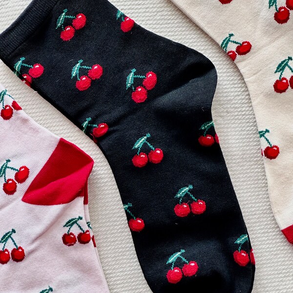 Cherry Socks, Favorite Food Fruit Socks, Happy, Funny, Stylish Socks, Novelty Crew Socks, Cute Cherry Pattern socks, Trendy Print Crew Socks