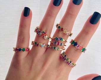 14K Gold Rainbow Ring: CZ Adjustable Colorful Ring