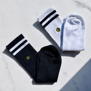 Black and White Tennis Socks with Smiley Face, Striped Sports Women & Men Socks, Matching Socks, Embroidered Happy Face Socks, Novelty Socks