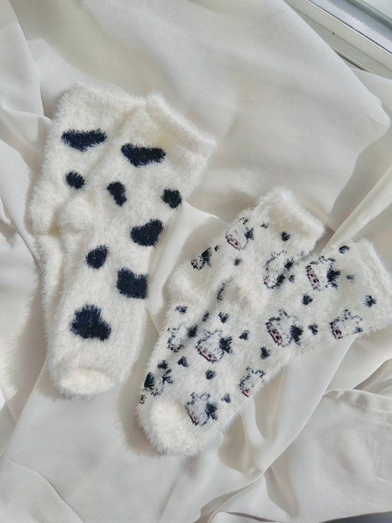 Cozy Cow Print Fuzzy Socks: Unisex Novelty Fluffy Socks