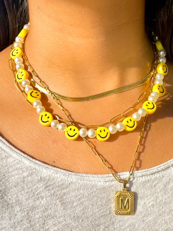 Pearly Smiley Face Necklace, Beaded Pearl Necklace, Summer Jewerly