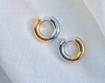 14K Gold Plated Two-Tone Hoop Earrings: Chunky Huggie Hoops