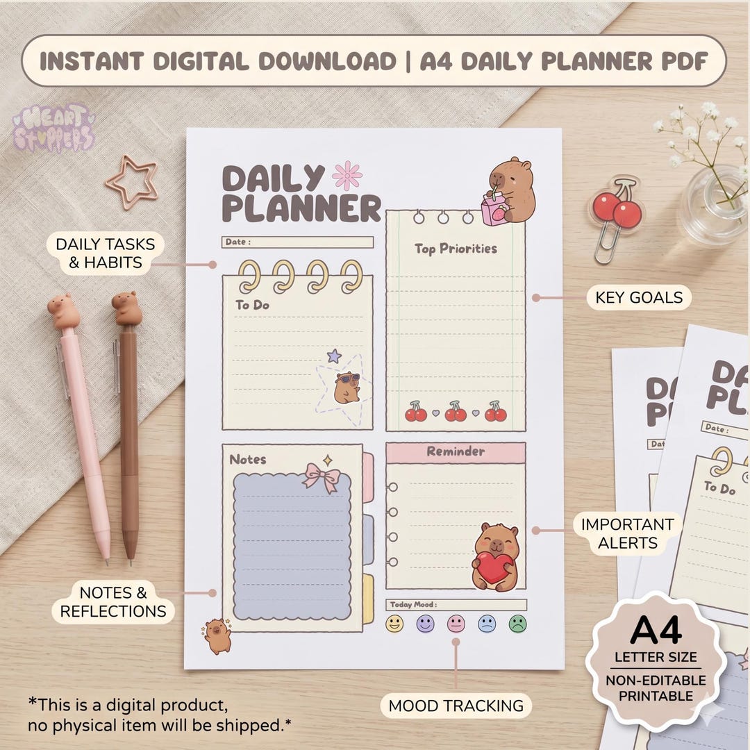 Cute Capybara Daily Planner Printable | Kawaii to Do List & Schedule ...