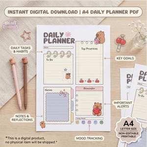 Puede incluir: Planificador diario A4 PDF con un lindo tema de oso. El planificador incluye secciones para tareas diarias, notas, recordatorios y seguimiento del estado de ánimo. El texto en el planificador dice "Daily Planner". La imagen también incluye bolígrafos, un clip en forma de estrella y un clip en forma de cereza.