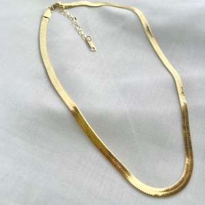 Dainty 18k Gold Herringbone Chain, Snake Layered Choker, Gold Plated Flat Snake Necklace, Valentine&#39;s Day, Birthday, Christmas Gift For Her