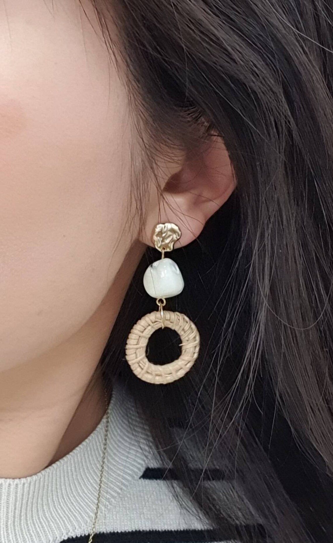 Woven Rattan Hoop Earring Rattan With White Stone Earring Etsy