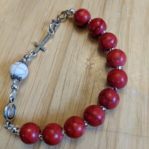 Large Bead Divine Mercy Chaplet Bracelet with 10mm Red and White Howlite