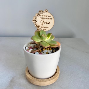 木製の多肉植物プランターの支柱を育てるのを手伝ってくれてありがとう | パーソナライズされた年末の先生へのギフト | カスタムクリスマスプラントスティックプレゼント