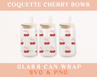 Glass Can Wrap, Coquette UV DTF, Cup Wrap, Coquette Cherry Bow, Coquette PNG, Coquette Tumbler, Libbey Glass, 16oz Tumbler, Cherries, Bows