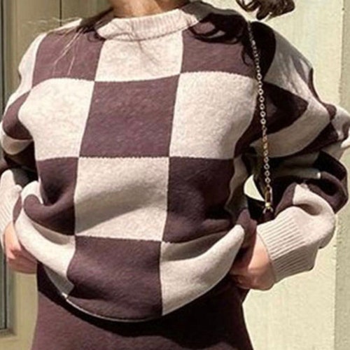 Black and White Checkered Knit Cropped Long Sleeve Sweater Etsy