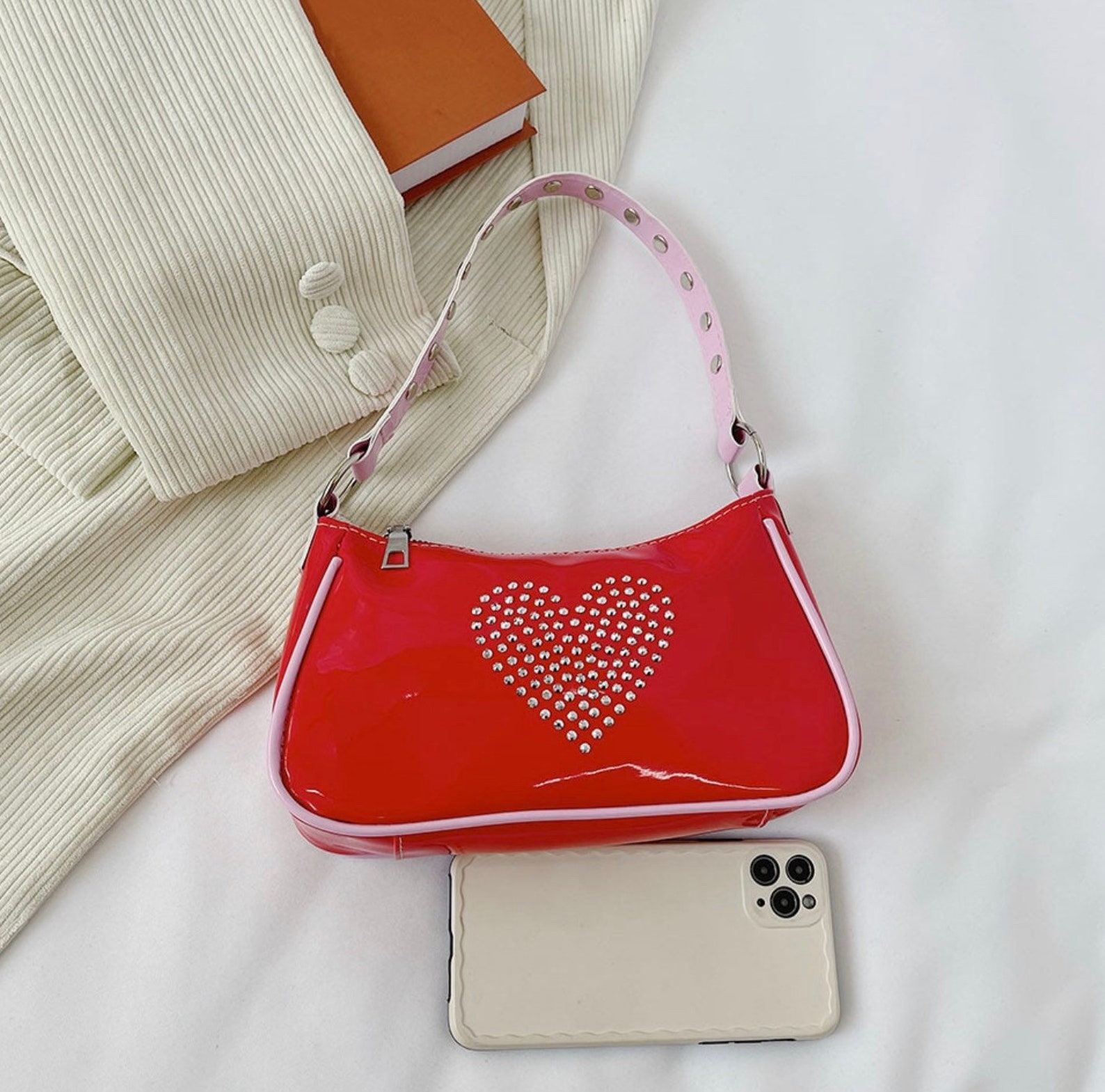 Stud rhinestone Heart Shoulder Bag y2k purse pink/white/black Etsy