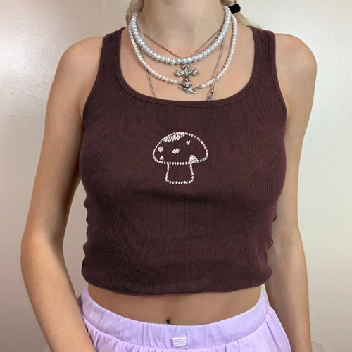 Brown Mushroom Rhinestone Y2k Tank Top Cami Crop Top 90s Etsy