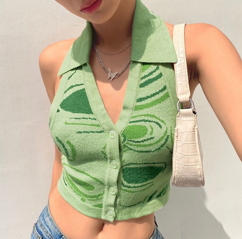 Groovy Green Abstract Knit Halter Top Etsy