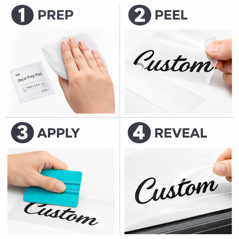 May include: A four-step guide for applying a custom decal. The steps include prepping the surface with a prep pad, peeling the decal, applying it with a squeegee, and revealing the final product. The word "Custom" is visible in a black script font.