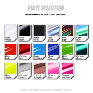 May include: A selection of vinyl colors, including gloss, matte, chrome, and holographic finishes. The image displays a variety of hues, such as white, black, red, blue, green, yellow, silver, rose gold, and pink. Text at the top reads "VINYL SELECTION".