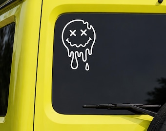 Pegatina de cara sonriente derritiéndose / Pegatina de vinilo con emoji de goteo / Pegatina psicodélica para ventana de coche