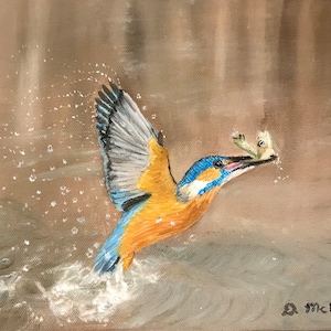 May include: A painting of a blue and orange kingfisher bird with a small fish in its beak, flying out of the water with a splash of water behind it.