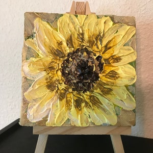 Original Acrylic Painting - Impasto Sunflower on 5” x 5” Stretched Canvas with included easel for display.  Home Decor. Mini art.