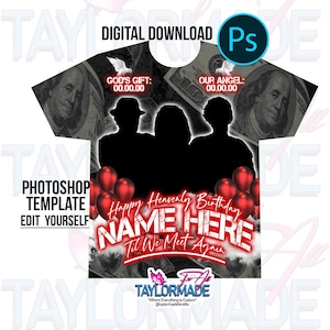 Digital 3D Memorial RIP All Over Print Photoshop Only Editable Template for Sublimation/DTF 2024 Red Black Balloons Money