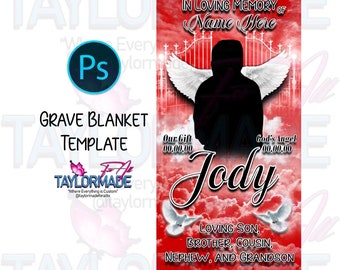 Digital 3D Memorial Grave Blanket Photoshop Editable Template Red RIP Clouds