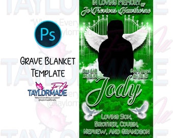 Digital 3D Memorial Grave Blanket Photoshop Editable Template Green RIP Clouds