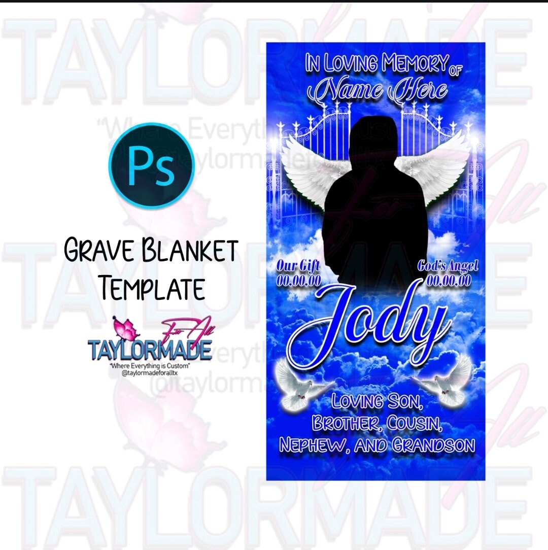 Digital 3D Memorial Grave Blanket Photoshop Editable Template Blue RIP Clouds