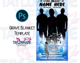 Digital 3D Memorial Grave Blanket Photoshop Editable Template Blue Stairway to Heaven Wings RIP Clouds