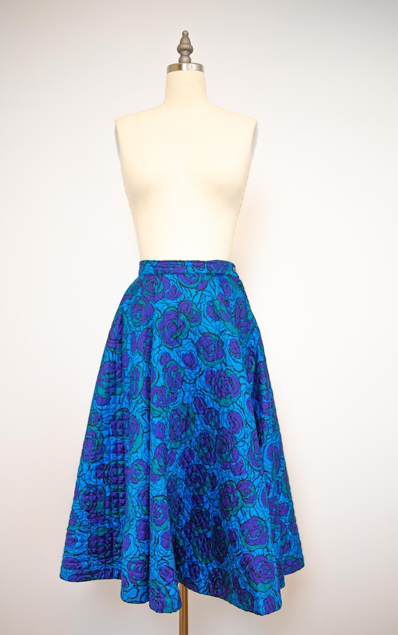 Vintage 1950s Circle Skirt/ Blue Rose/ Size XS