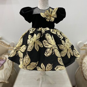 Flower girl dress, girls black gold party dress, toddler birthday dress, girls velvet dress, girls jacquard dress