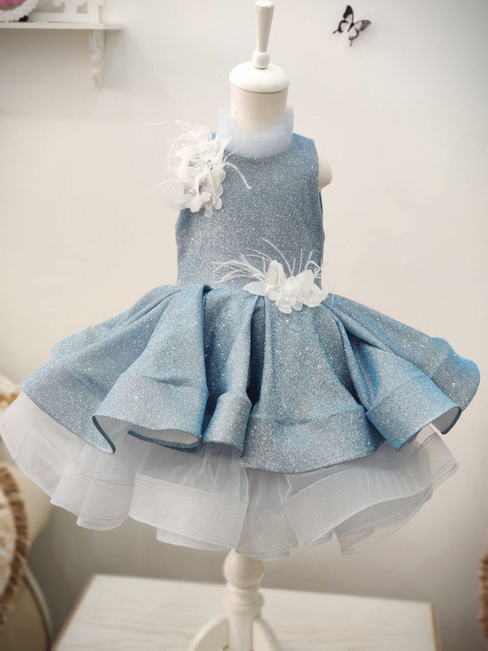 Sophie & Lucas Baby Girls Blue Bleu Rose Floral Dress with Bloomers