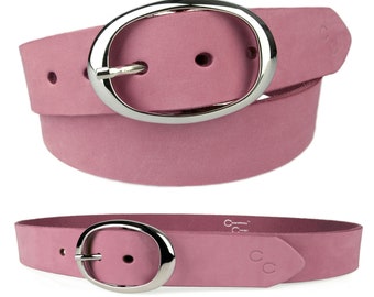 Pink Nubuck Leather Belt - Oval Shaped Buckle - Made In UK