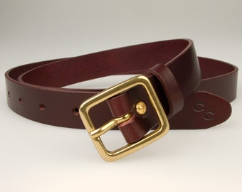Skinny Burgundy Leather Belt With Solid Brass Buckle
