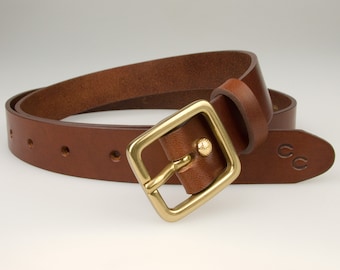 Skinny Tan Leather Belt With Solid Brass Buckle