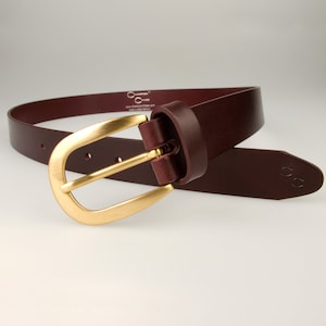 Mulberry Coloured Leather Belt With Hand Brushed Gold Plated Buckle