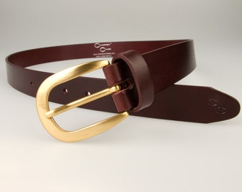 Mulberry Coloured Leather Belt With Hand Brushed Gold Plated Buckle