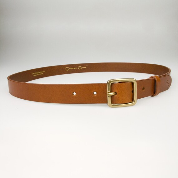 Skinny Tan Leather Belt With Solid Brass Buckle 1 Inch Wide  display picture 3